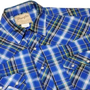 Wrangler Western‎ Pearl Snap Shirt Plaid Short Sleeve Cowboy XL Blue Silver
